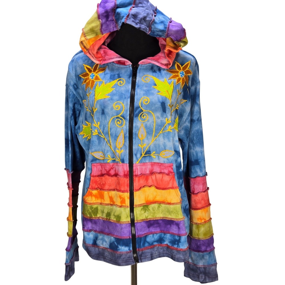 Women's VTG Rising International Lg Zip Tie Dye Hoodie Embroidered Hippie Boho